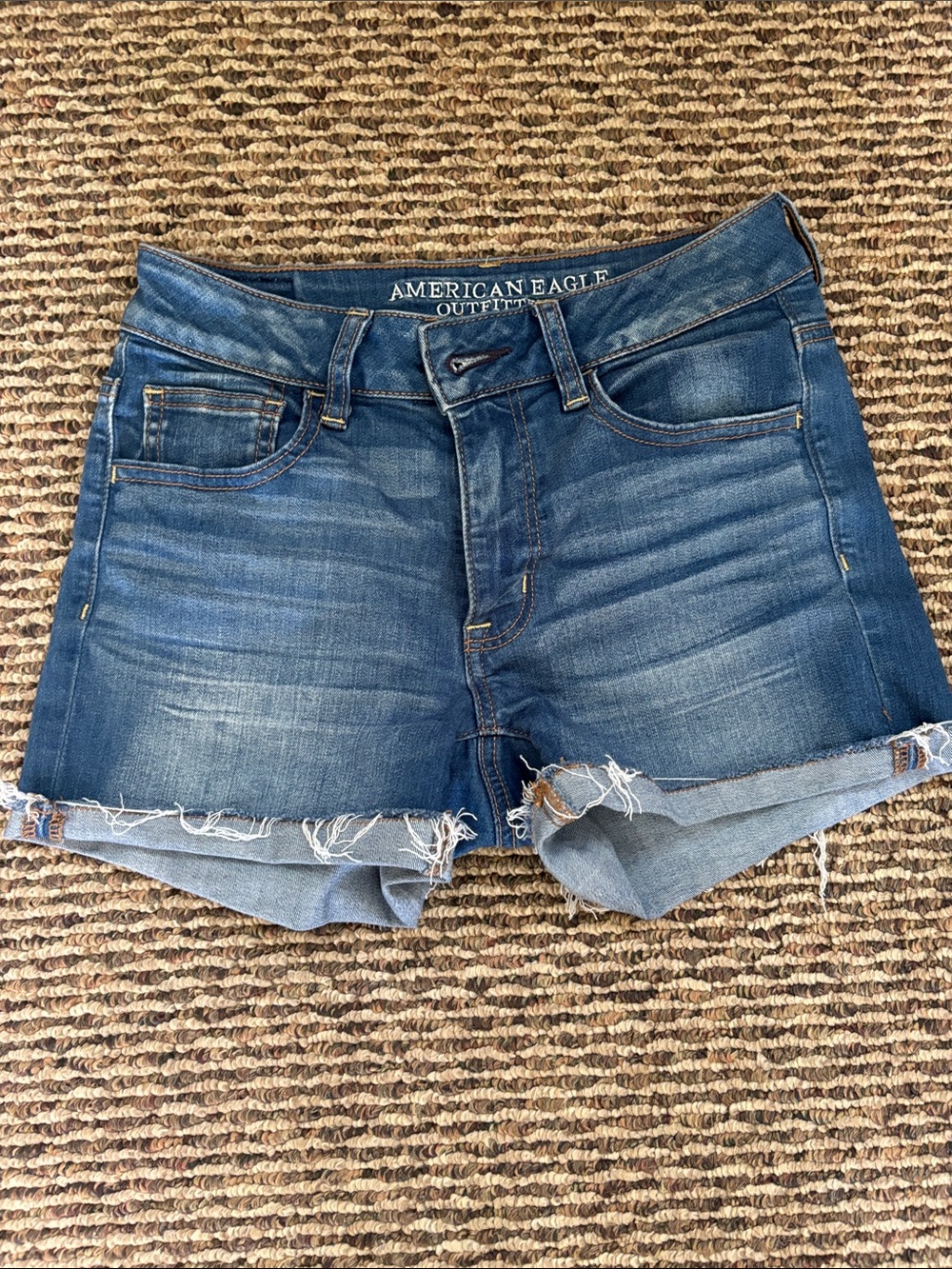American Eagle Outfitters Distressed Blue Denim Roll-Cuff Shorts